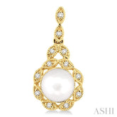 6X6 MM Round Shape Cultured Pearl and 1/8 ctw Cutwork Marquise Round Cut Diamond Fashion Earring in 14K Yellow Gold